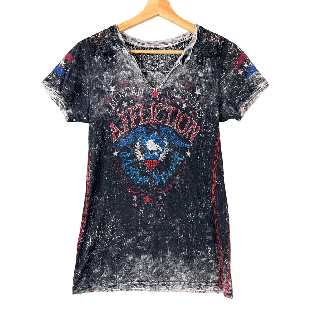 Affliction American Customs Motor Spirit V-Neck Lace Back Graphic Tee Large